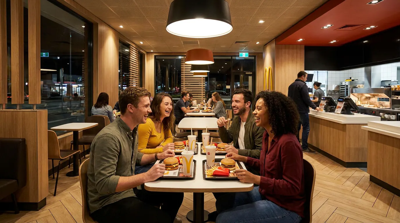 Cuatro amigos comiendo y riendo en un restaurante McDonald's