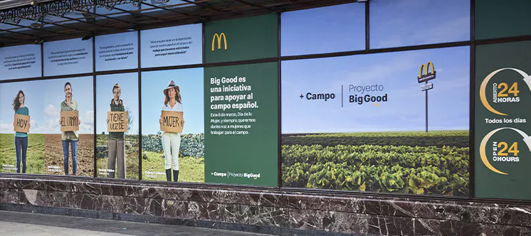 Cartell informatiu amb imatges del camp on apareix un pal amb el logotip de McDonalds i amb text explicant el que és Big Good