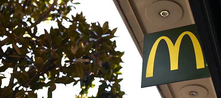 Lurretik ateratako argazkia, non McDonald's seinale bat eta atzealdean zerua duen zuhaitz baten goialdea ikus ditzakezun.