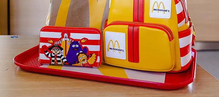 Un menú de McDonalds, una motxilla i una caixa amb personatges d'una sèrie en una safata