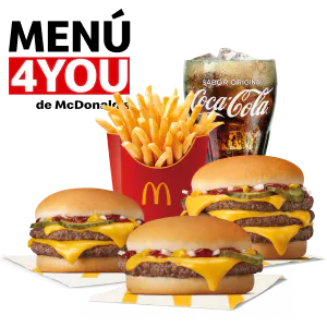 3 hanburgesa ikus daitezke, bat hirukoitza, bestea bikoitza eta azkena normala, patata frijitu batzuk eta Coca Cola bat, Menu4You testua McDonald's-en goiko ezkerrean agertzen da