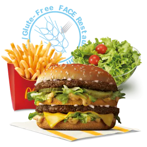 Una Big Mac, amanida i patates amb un logotip de Sin Gluten darrere