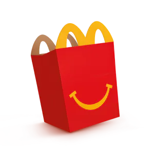 Bossa de Happy Meal de color vermell on apareix un somriure en groc i on l'adherència és en forma dels dos anells de McDonalds
