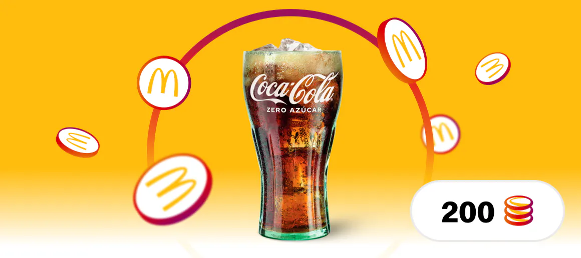 Hondo horian kokatutako Coca Cola baten irudia, inguruan MyMcDonalds logotipoa duten txanponak eta beheko eskuinaldean 200 zenbakia eta txanpon ikonoa dituen ikono bat.