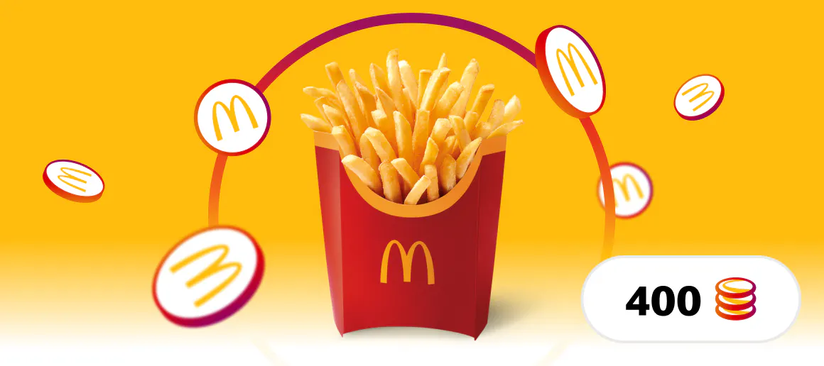 Imagen de patatas grandes McDonalds situada en un fondo amarillo con monedas con el logo de MyMcDonalds alrededor y un icono abajo a la derecha con el numero 200 y un icono de monedas