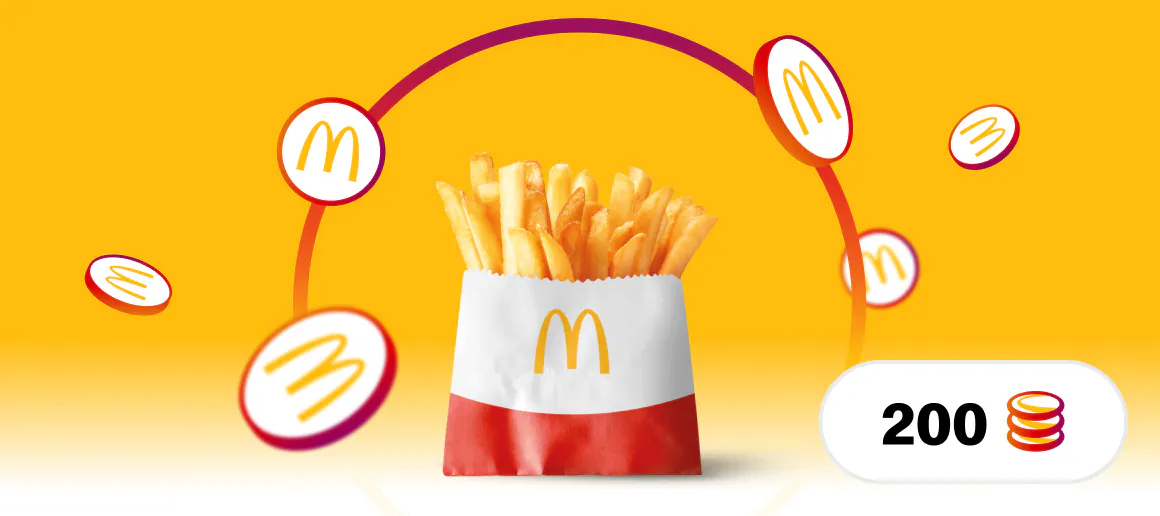 Imagen de patatas McDonalds situada en un fondo amarillo con monedas con el logo de MyMcDonalds alrededor y un icono abajo a la derecha con el numero 200 y un icono de monedas