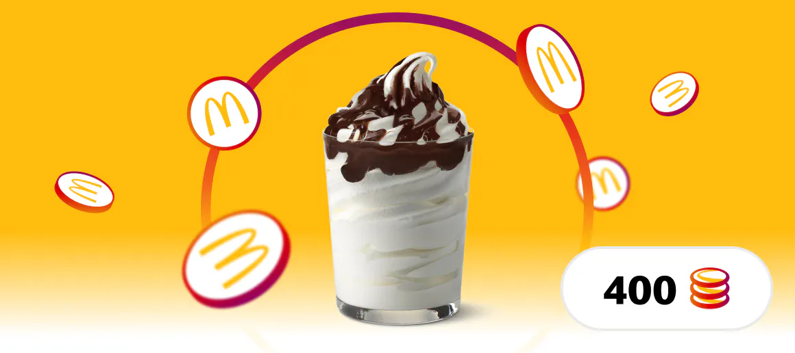 Imagen de un Sundae McDonalds situada en un fondo amarillo con monedas con el logo de MyMcDonalds alrededor y un icono abajo a la derecha con el numero 400 y un icono de monedas