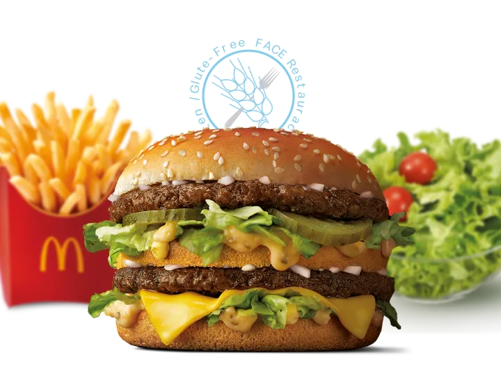 Hamburguesa Big Mac al centre i als costats unes patates de McDonalds i una amanida