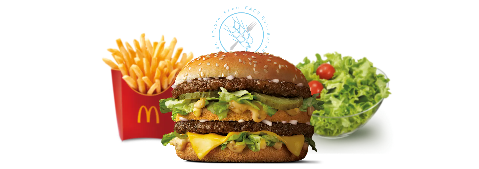 Hamburguesa Big Mac al centre i als costats unes patates de McDonalds i una amanida