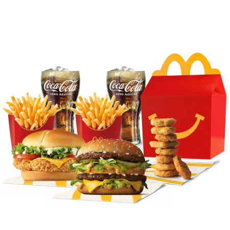 Pack para compartir donde se muestran 2 hamburguesas, 2 patatas, 2 refrescos y un happy meal
