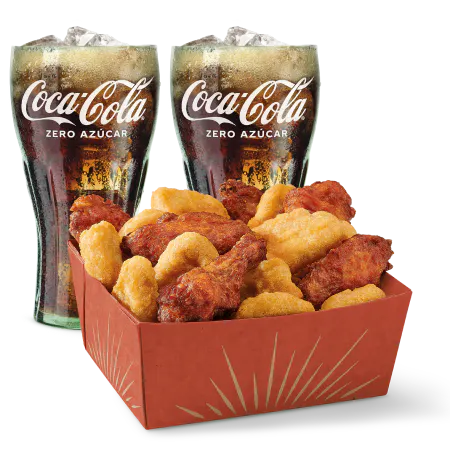 Pack picoteo donde se muestra un sharebox de nuggets y alitas con 2 refrescos