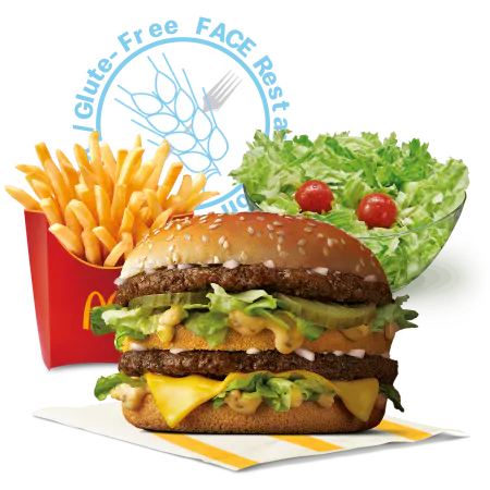 Una Big Mac, amanida i patates amb un logotip de Sin Gluten darrere