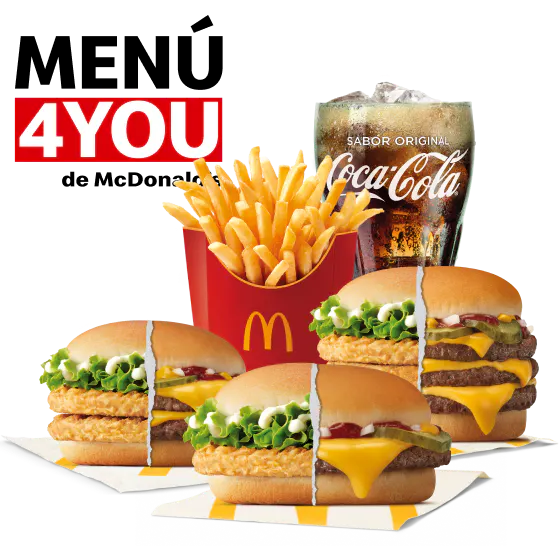 Es veuen 3 Hamburgueses, una triple, una altra doble i la darrera normal amb unes patates fregides i una Coca Cola amb el text de Menú4You de McDonalds a la part superior esquerra