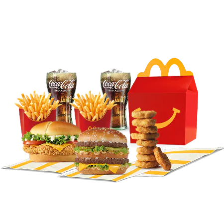 Pack para compartir donde se muestran 2 hamburguesas, 2 patatas, 2 refrescos y un happy meal