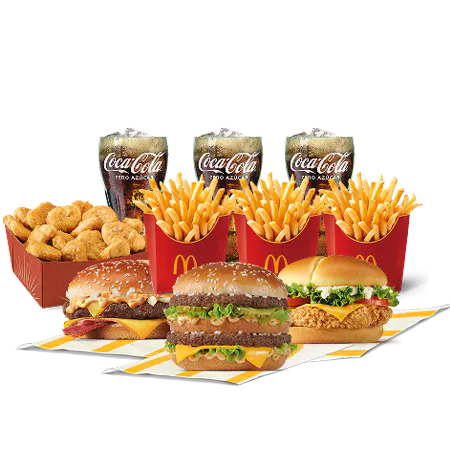 Pack trio donde se muestran 3 hamburguessa, 3 patatas, 3 refrescos y un sharebox de nuggets