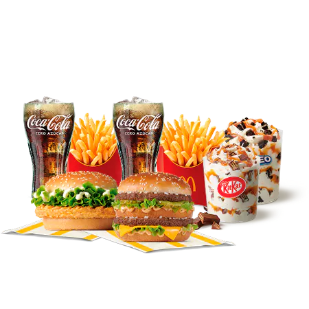 Pack para compartir donde se muestran 2 hamburguesas, 2 patatas, 2 refrescos y 2 mcFlurrys