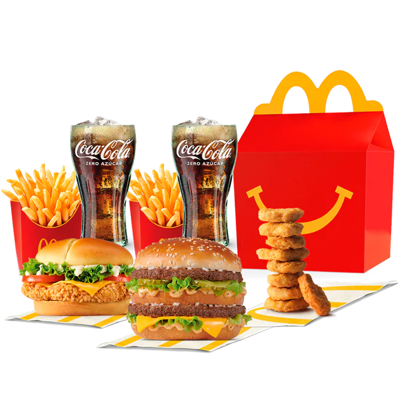 2 hamburguesas, 2 bebidas, nuggets y happy meal